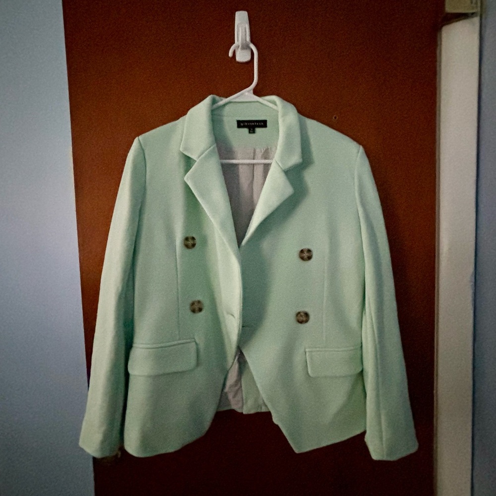 Seafoam double breasted blazer.